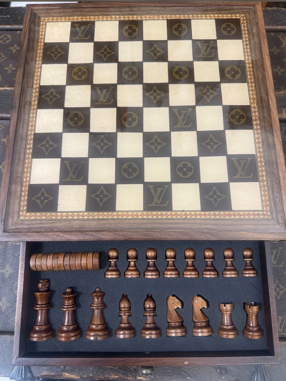 Louis Vuitton UPCYCLED Brown & Cream Wooden Chess Set